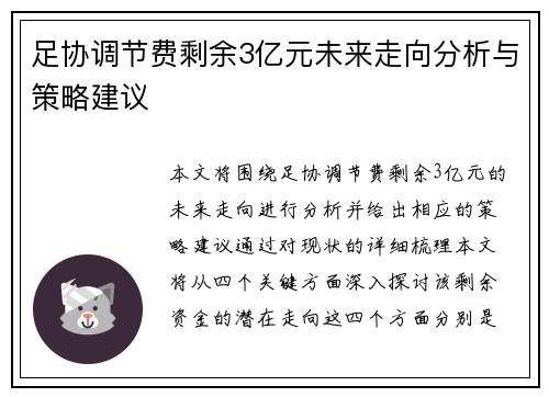 足协调节费剩余3亿元未来走向分析与策略建议